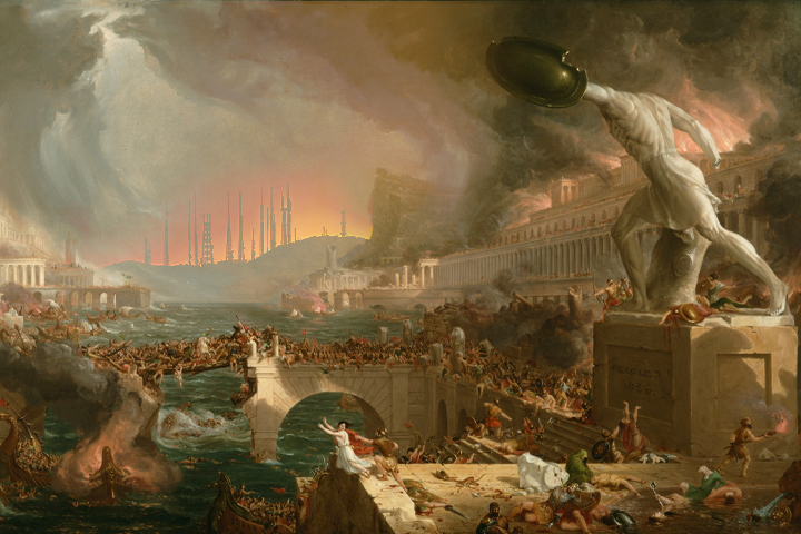 Painting depicting the fall of Ancient Rome with telecoms towers in the background
